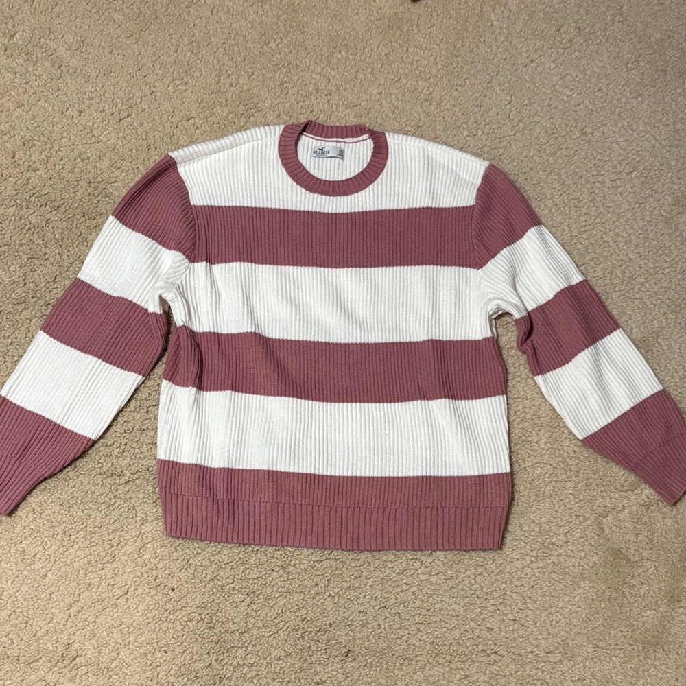 Hollister Pink and White Striped Crewneck Sweater